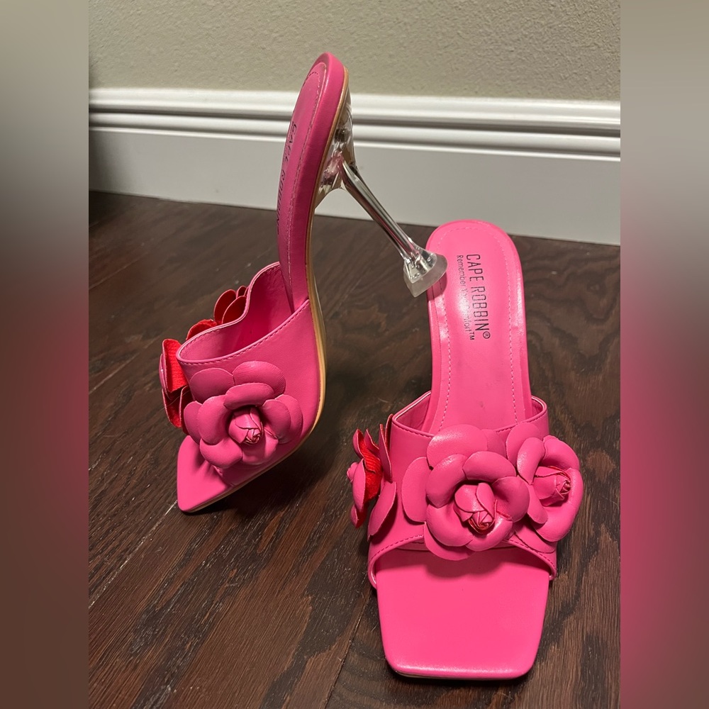 Hot pink floral heels with clear heel